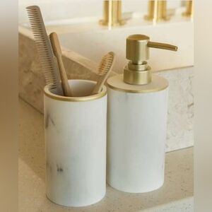 NEW Sunday Citizen Soap Dispenser and Toothbrush Holder Faux Marble gold accents